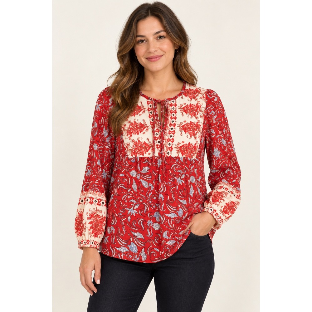 Anthropologie Red Paisley Floral Boho Tie Neck Peasant Blouse XS